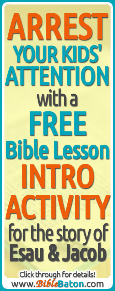 Arrest your kids’ attention with this FREE Bible lesson Introduction Activity! This simple activity for the Old Testament story of Esau and Jacob (Genesis 25-27) is easy for you to prep, but it will get your kids interested in the lesson—perfect for your Sunday School class, kids’ club, or homeschool Bible time! Click through for detailed activity instructions.